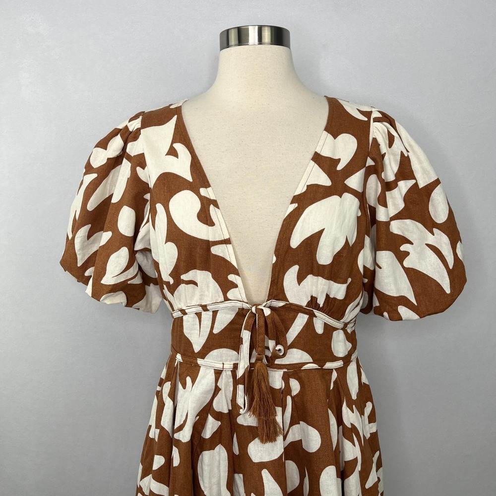 House of Harlow 1960 Mini Dress 6 Floral Brown Ivory Vacation Party Puff Sleeve - Picture 5 of 15